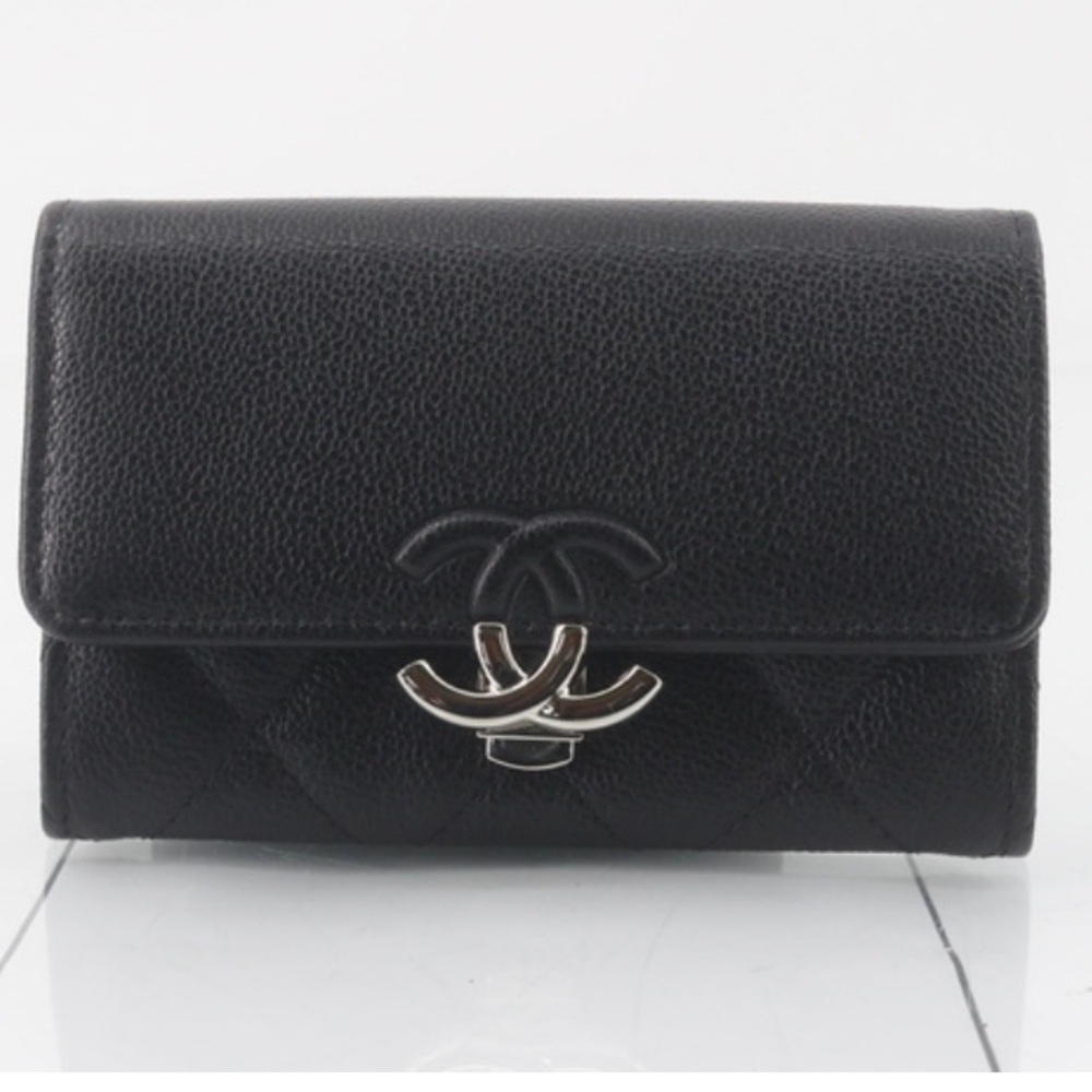 Chanel CC Box Flap Card Case Quilted Caviar Black Leather Wallet